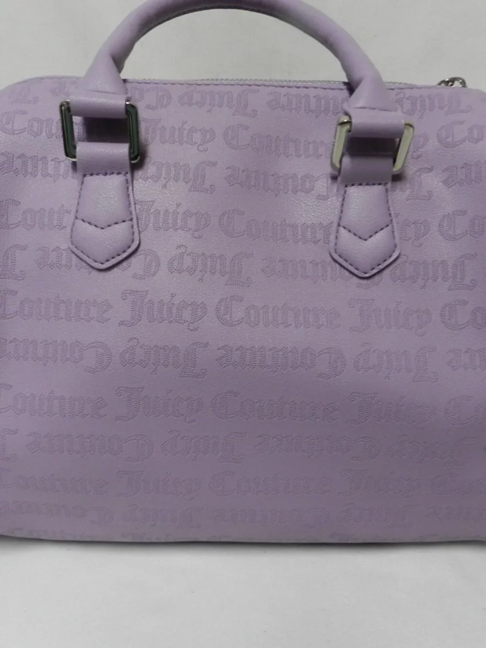 Juicy Couture faux leather barrel tote bag purse Purple zip top  Chain w/ Jewels